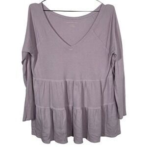 Boho Lavender Babydoll Top Waffle Knit Peplum‎ Long Sleeve Medium American Eagle